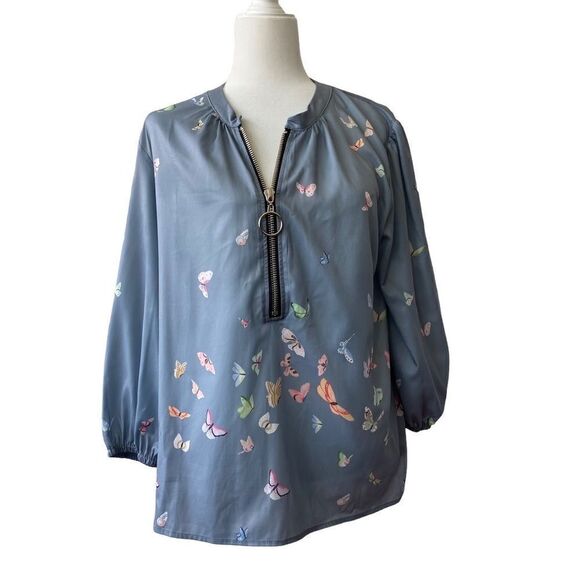 Butterfly Blouse Pullover Loose Fitting Half Zipper SZ M - Picture 1 of 12